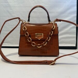 ALDO Brown Croc-Embossed Top Handle Bag with Gold Chain